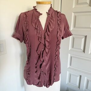 Joie California Mauve Pink Blouse Silk Ruffles Short Sleeve Button Down Size XS